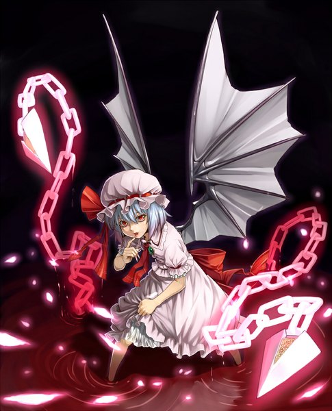 Anime picture 867x1071 with touhou remilia scarlet tkln single tall image looking at viewer short hair red eyes silver hair partially submerged finger to mouth girl wings headdress chain clothes