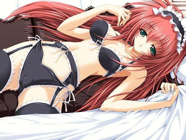 Anime picture 1024x768 with magical premium (game) light erotic green eyes game cg red hair underwear only girl underwear panties