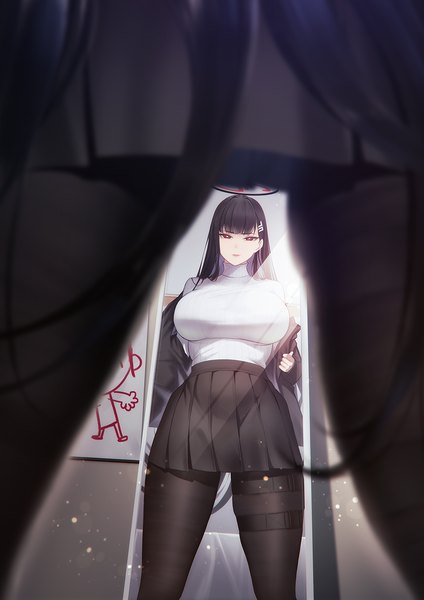 Anime picture 1000x1415 with blue archive rio (blue archive) sensei (blue archive) doodle sensei (blue archive) blueorca single long hair tall image looking at viewer light erotic black hair red eyes standing pleated skirt reflection girl skirt miniskirt pantyhose black pantyhose