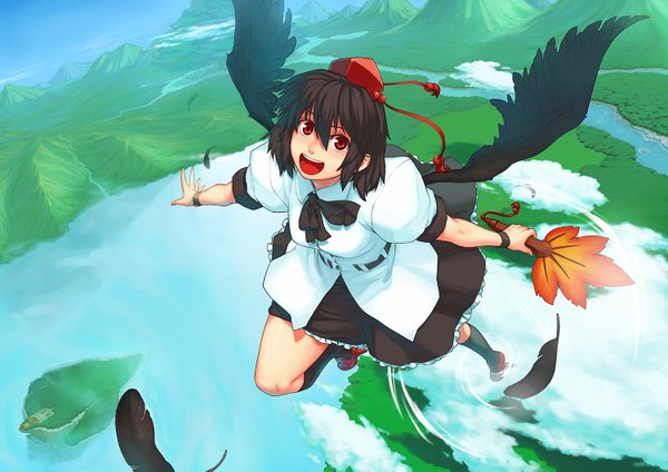 Anime picture 1500x1061 with touhou shameimaru aya azusa (hws) single looking at viewer blush short hair open mouth black hair red eyes cloud (clouds) spread arms mountain flying landscape black wings river girl socks black socks