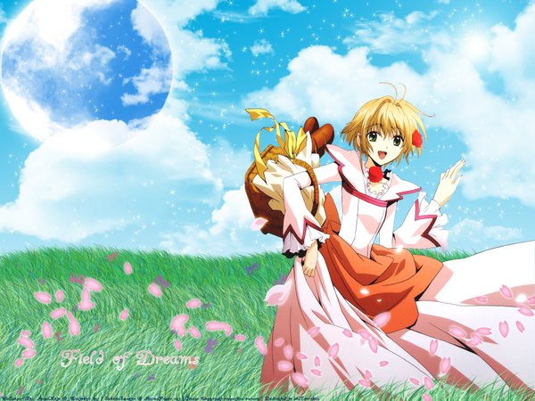 Anime picture 1600x1200 with tsubasa reservoir chronicle clamp sakura hime single looking at viewer fringe open mouth blonde hair smile standing green eyes payot sky cloud (clouds) ahoge outdoors long sleeves arm up hair flower wind