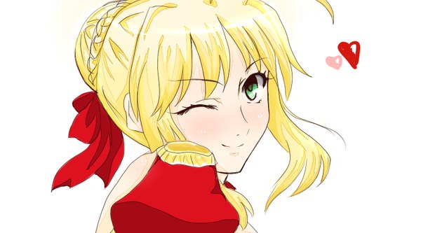Anime picture 864x480 with fate (series) fate/extra nero claudius (fate) (all) nero claudius (fate) takitou single blush fringe short hair simple background blonde hair smile wide image white background green eyes payot ahoge braid (braids) one eye closed wink