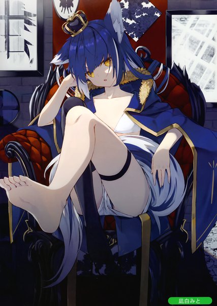 Anime picture 2105x2958 with melonbooks nagishiro mito single long hair tall image looking at viewer fringe highres open mouth light erotic hair between eyes signed animal ears payot blue hair full body bent knee (knees) indoors tail blunt bangs