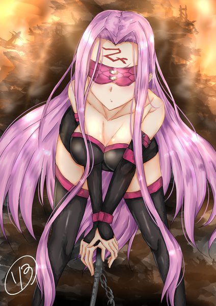 Anime picture 2894x4093 with fate (series) fate/grand order rider riyo (ryon 96) single tall image highres breasts light erotic large breasts standing pink hair cleavage very long hair leaning leaning forward forehead mark blindfold girl thighhighs