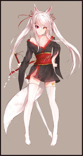 Anime picture 2050x3850 with original silver (chenwen) single long hair tall image fringe highres breasts light erotic simple background smile red eyes standing twintails bare shoulders holding animal ears yellow eyes payot full body