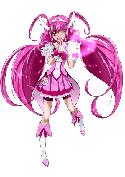 Anime picture 1446x2045 with precure smile precure! toei animation hoshizora miyuki cure happy nukosann single long hair tall image blush open mouth white background purple eyes twintails pink hair one eye closed wink girl dress boots