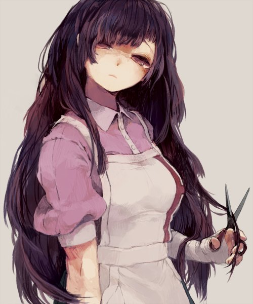 Anime picture 1000x1200 with dangan ronpa super dangan ronpa 2 tsumiki mikan met-tha single long hair tall image looking at viewer simple background brown hair brown eyes head tilt hairdressing cutting hair girl dress bandage (bandages) scissors