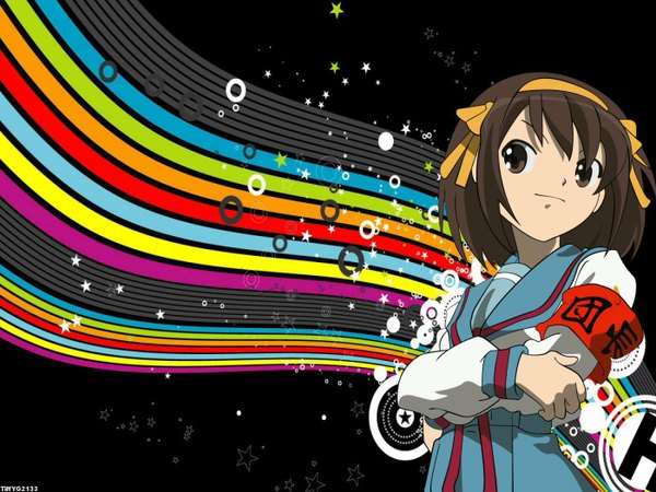 Anime picture 1400x1050 with suzumiya haruhi no yuutsu kyoto animation suzumiya haruhi vector girl uniform school uniform rainbow