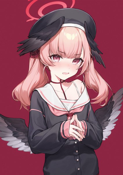 Anime picture 1254x1771 with blue archive koharu (blue archive) usuke (u skeeep) single long hair tall image blush simple background twintails pink hair upper body pink eyes off shoulder red background black wings head wings fingers together girl uniform wings