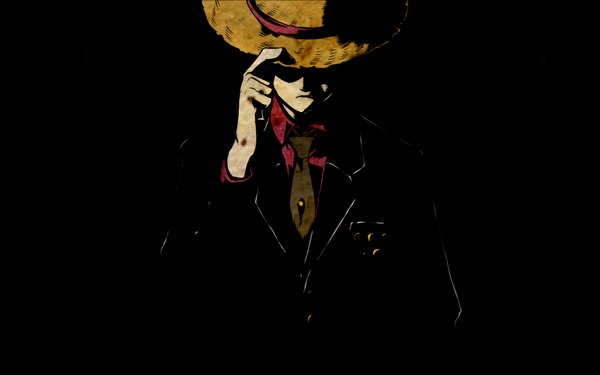 Anime picture 1920x1200 with one piece toei animation monkey d. luffy nagasode fusoku highres short hair black hair wide image black background looking down boy hat necktie cloak suit
