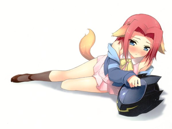 Anime picture 1920x1440 with code geass 5 nenme no houkago (artbook) sunrise (studio) kallen stadtfeld single blush highres short hair blue eyes simple background brown hair white background bare shoulders animal ears animal tail legs girl socks shoes black socks