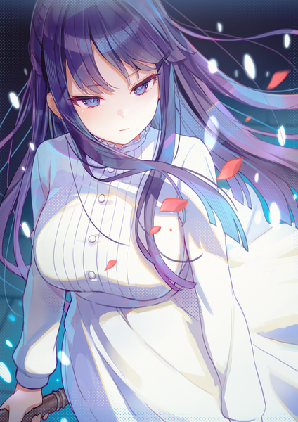 Anime picture 2894x4093 with sousou no frieren fern (sousou no frieren) misyune single long hair tall image fringe highres purple eyes looking away purple hair from above wind girl dress petals white dress