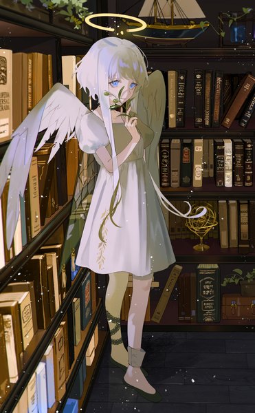 Anime picture 3095x5000 with original parai0 single tall image highres short hair blue eyes standing holding payot looking away absurdres silver hair full body indoors puffy sleeves angel wings angel girl dress