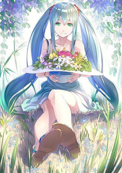 Anime picture 707x1000 with vocaloid hatsune miku touboku single long hair tall image looking at viewer twintails bare shoulders green eyes blue hair girl dress flower (flowers) plant (plants) hat grass sundress bouquet sandals