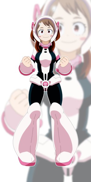 Anime picture 1500x3000 with boku no hero academia studio bones uraraka ochako shugo19 single tall image looking at viewer short hair smile brown hair brown eyes signed full body zoom layer blush stickers girl bodysuit helmet