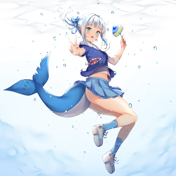 Anime-Bild 4000x4000 mit virtual youtuber hololive hololive english gawr gura ijac ray single highres short hair open mouth blue eyes light erotic absurdres silver hair full body tail :d pleated skirt multicolored hair streaked hair victory