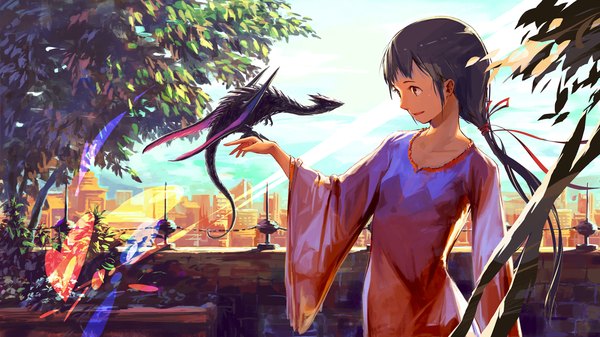 Anime picture 1200x675 with original noske single long hair fringe black hair smile red eyes wide image looking away cloud (clouds) ponytail long sleeves sunlight wide sleeves outstretched arm fantasy sunbeam girl dress