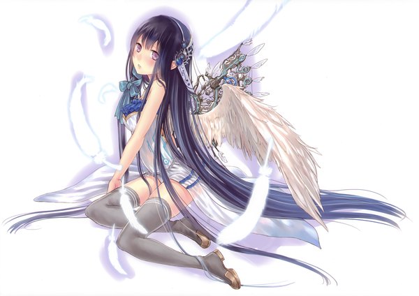 Anime picture 4297x3043 with kazuharu kina single long hair blush highres black hair simple background white background purple eyes absurdres girl thighhighs dress hair ornament black thighhighs wings feather (feathers)