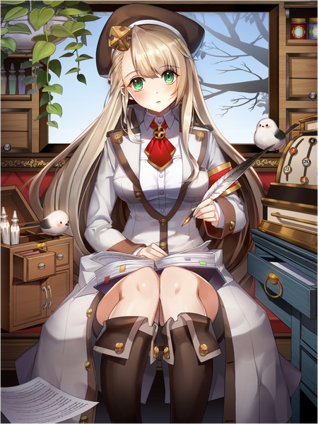 Anime picture 702x935 with original carchet single long hair tall image looking at viewer blush fringe blonde hair sitting holding green eyes bent knee (knees) indoors parted lips head tilt knees touching girl uniform plant (plants)