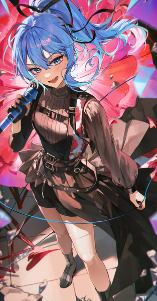 Anime picture 2000x3838 with virtual youtuber hololive hoshimachi suisei hoshimachi suisei (shout in crisis) hoshimachi suisei (7th costume) kellymonica02 single long hair tall image looking at viewer blush fringe highres open mouth blue eyes smile hair between eyes standing holding payot