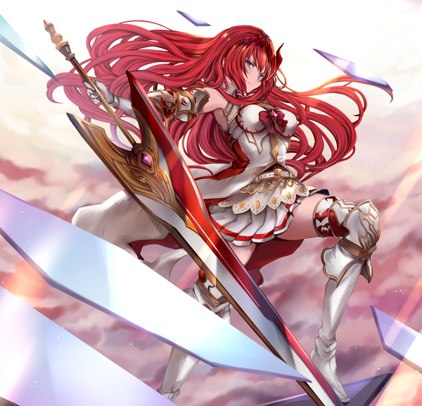 Anime picture 1653x1589 with granblue fantasy godguard brodia hinahino single long hair looking at viewer blush fringe breasts blue eyes hair between eyes standing holding cloud (clouds) bent knee (knees) outdoors red hair wind serious girl