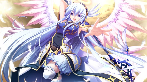 Anime picture 1024x576 with soukoku no arterial long hair open mouth blue eyes wide image blue hair game cg girl thighhighs weapon white thighhighs wings armor feather (feathers)