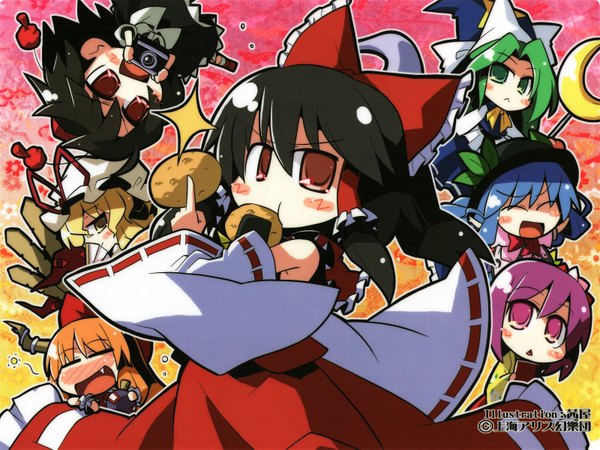 Anime picture 3200x2400 with touhou hakurei reimu yakumo yukari shameimaru aya hinanawi tenshi ibuki suika hieda no akyuu mima tagme (artist) highres girl food senbei (food)