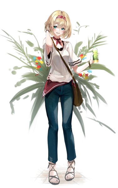 Anime picture 2209x3515 with touhou alice margatroid lumo 1121 single tall image looking at viewer highres short hair blue eyes blonde hair standing holding full body alternate costume adjusting hair casual girl headband bag bottle