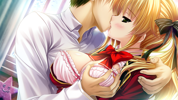 Anime picture 1280x720 with prism recollection uisaki hinano shintarou long hair blush short hair breasts light erotic black hair wide image twintails green eyes game cg profile hand on chest saliva kiss french kiss girl boy