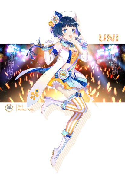 Anime picture 1218x1771 with katekyou hitman reborn uni (khr) ekita xuan single tall image looking at viewer fringe short hair open mouth blue eyes black hair smile standing holding signed full body :d midriff high heels character names