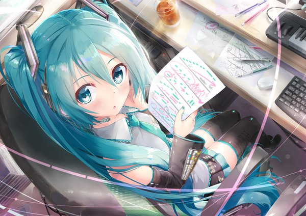 Anime-Bild 1412x1000 mit vocaloid hatsune miku daidou (demitasse) single long hair looking at viewer blush fringe breasts open mouth hair between eyes sitting twintails holding nail polish pleated skirt aqua eyes fingernails from above aqua hair
