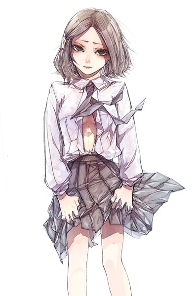 Anime picture 1350x2050 with original nai kitsu (artist) single tall image short hair light erotic brown hair white background green eyes open clothes open shirt girl skirt shirt