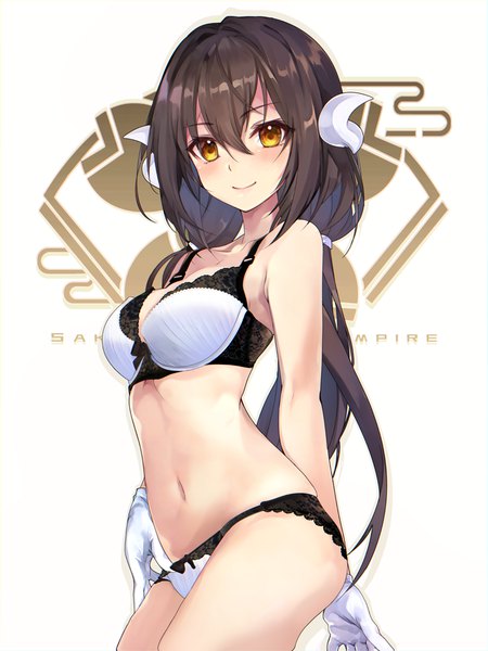Anime picture 750x1000 with azur lane mikasa (azur lane) shirokitsune single long hair tall image looking at viewer blush fringe breasts light erotic simple background smile hair between eyes brown hair standing white background twintails yellow eyes payot