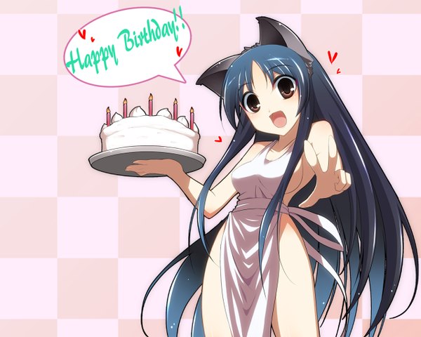 Anime picture 1280x1024 with original kokuyo ishi (artist) long hair open mouth light erotic black hair bare shoulders brown eyes animal ears inscription victory happy birthday checkered background naked apron girl sweets cake