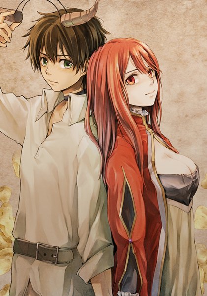 Anime picture 701x1000 with maoyuu maou yuusha arms corporation maou (maoyuu) yuusha (maoyuu) aokoma tall image looking at viewer fringe breasts simple background smile red eyes brown hair large breasts green eyes red hair horn (horns) couple girl boy