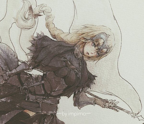 Anime picture 1620x1398 with fate (series) fate/apocrypha jeanne d'arc (fate) (all) jeanne d'arc (fate) impimo single long hair blue eyes blonde hair signed looking away braid (braids) wind grey background single braid traditional media girl armor banner
