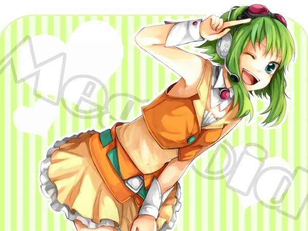 Anime picture 1000x750 with vocaloid gumi tama (songe) single looking at viewer short hair open mouth bare shoulders green eyes one eye closed green hair wink inscription sleeveless girl headphones wrist cuffs goggles