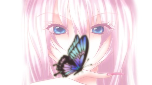 Anime picture 1422x800 with vocaloid megurine luka tagme (artist) single long hair looking at viewer blue eyes simple background wide image white background pink hair nail polish fingernails portrait long fingernails pink nail polish girl insect butterfly