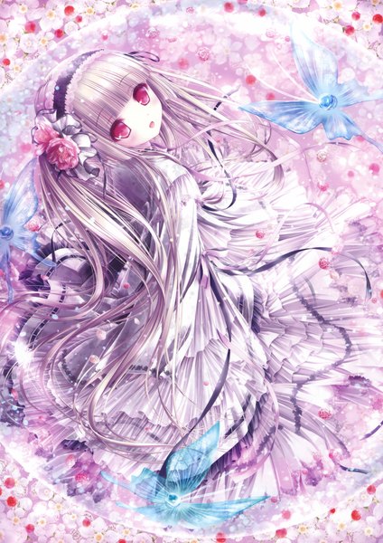 Anime picture 2334x3300 with original eshi 100-nin ten tinker bell single long hair tall image looking at viewer blush highres open mouth silver hair pink eyes hair flower scan loli girl dress hair ornament flower (flowers) petals