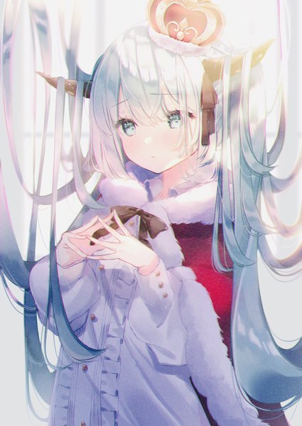 Anime picture 1124x1588 with vocaloid the beast (vocaloid) hatsune miku kotamun single long hair tall image looking at viewer blush fringe blue eyes hair between eyes standing white background payot blue hair upper body horn (horns) fur trim fingers together