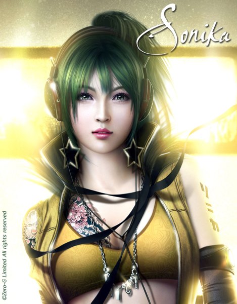 Anime picture 1000x1277 with vocaloid sonika mario wibisono (raynkazuya) single tall image short hair green eyes ponytail green hair lips realistic inscription tattoo light girl ribbon (ribbons) earrings headphones star (symbol) jewelry