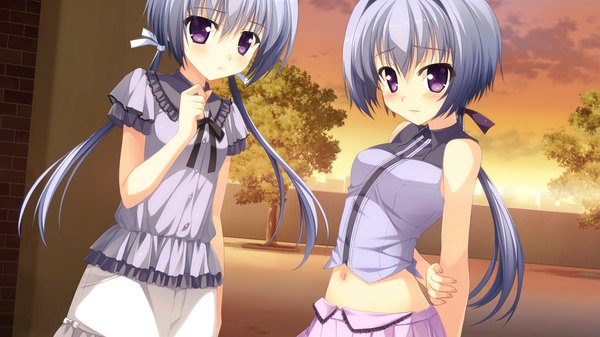 Anime picture 1920x1080 with berry's long hair looking at viewer blush highres wide image purple eyes twintails multiple girls game cg ponytail grey hair midriff girl dress navel 2 girls