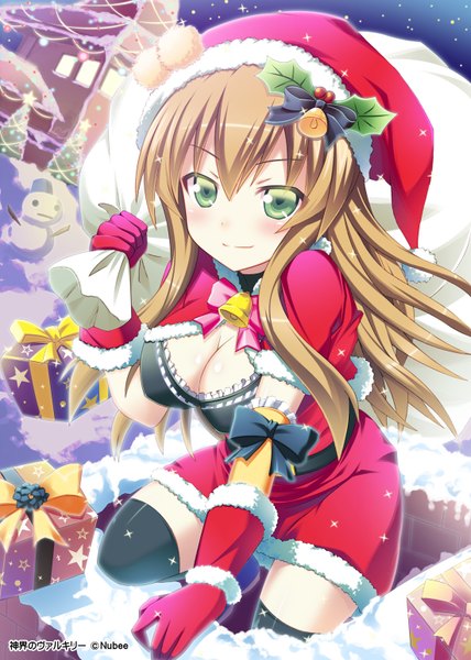 Anime picture 1100x1540 with original usagi nezumi single long hair tall image blush breasts light erotic blonde hair smile green eyes sparkle fur trim christmas snow merry christmas star print girl thighhighs gloves