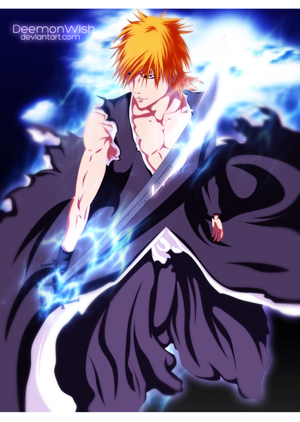 Anime picture 1780x2503 with bleach studio pierrot kurosaki ichigo schwarrtz single tall image highres short hair japanese clothes light smile orange hair orange eyes coloring torn clothes magic light muscle boy weapon sword