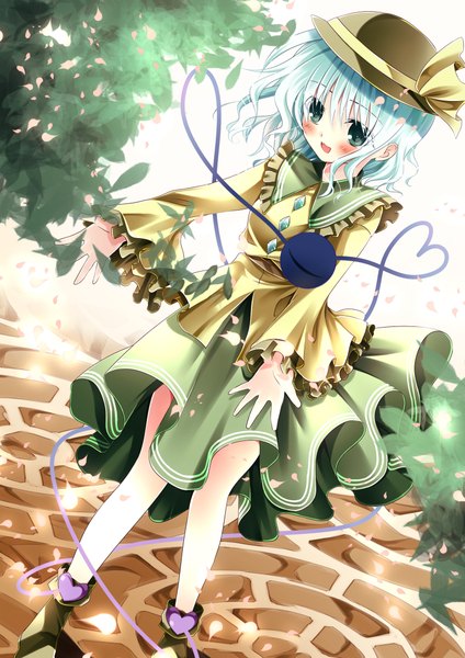 Anime picture 1500x2122 with touhou komeiji koishi nogi takayoshi single tall image blush short hair open mouth green eyes white hair girl dress hat petals eyeball