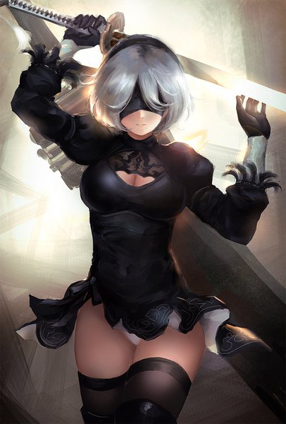 Anime picture 1000x1475 with nier nier:automata yorha no. 2 type b qosic single tall image short hair breasts light erotic holding silver hair parted lips mole arms up puffy sleeves covered navel light mole under mouth center opening blindfold