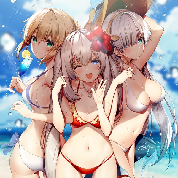 Anime picture 1000x1000 with fate (series) fate/grand order artoria pendragon (all) anastasia (fate) marie antoinette (fate/grand order) artoria pendragon (swimsuit archer) (fate) necomi (gussan) single long hair looking at viewer blush fringe short hair breasts open mouth light erotic blonde hair smile hair between eyes standing