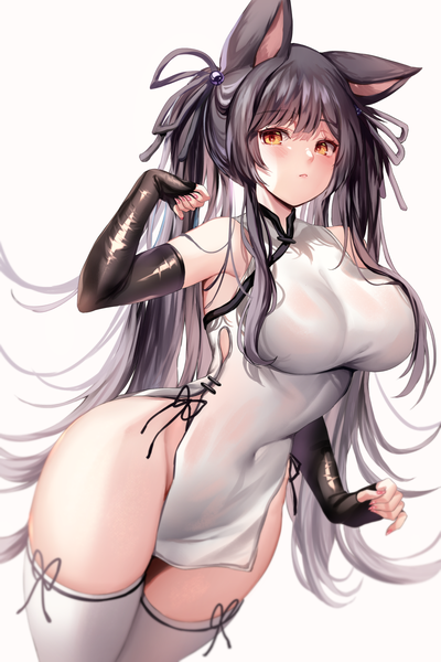 Anime picture 1600x2400 with original zerocat single long hair tall image looking at viewer blush fringe breasts light erotic black hair simple background large breasts standing twintails bare shoulders animal ears nail polish traditional clothes arm up