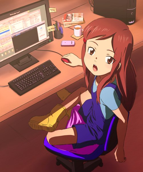 Anime picture 2300x2756 with higashi no eden production i.g morimi saki fukuikeikoku single long hair tall image highres open mouth brown eyes red hair looking back looking up girl boots cup phone monitor overalls computer keyboard