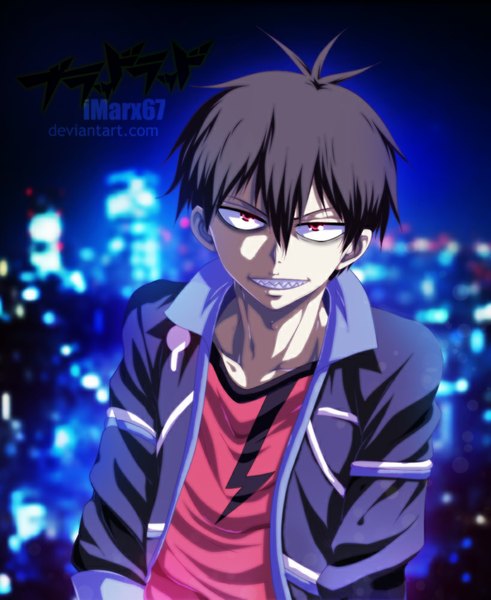 Anime picture 820x1001 with blood lad brains base (studio) charlie blood staz eroishi single tall image looking at viewer fringe short hair black hair smile red eyes teeth coloring city cityscape pale skin city lights boy
